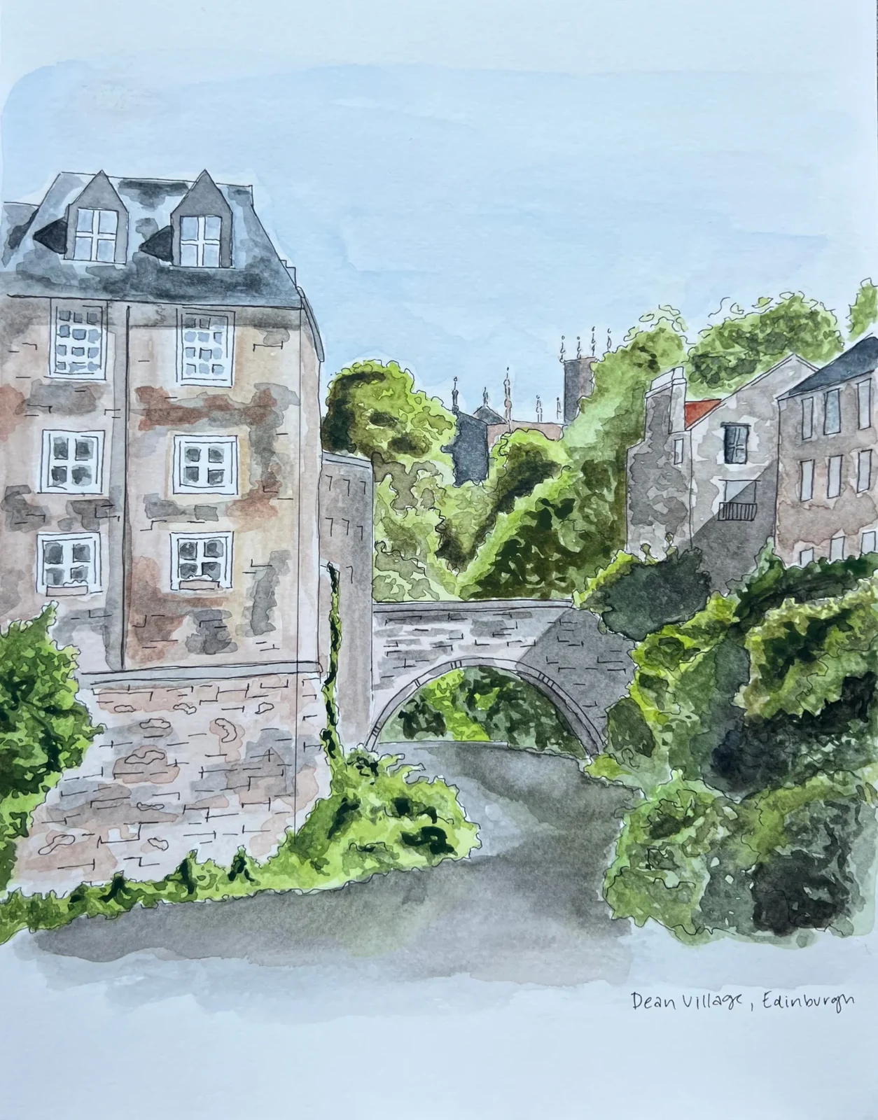 Watercolor painting of Dean Village, Edinburgh